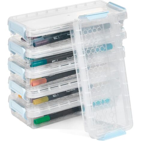 6 Pièces Boîte à Crayons Empilables, Boîte Stylo avec Couvercle, Transparente Plastique Boîte de Rangement, pour Bureau, Pinceaux Crayons et Fournitures Scolaires
