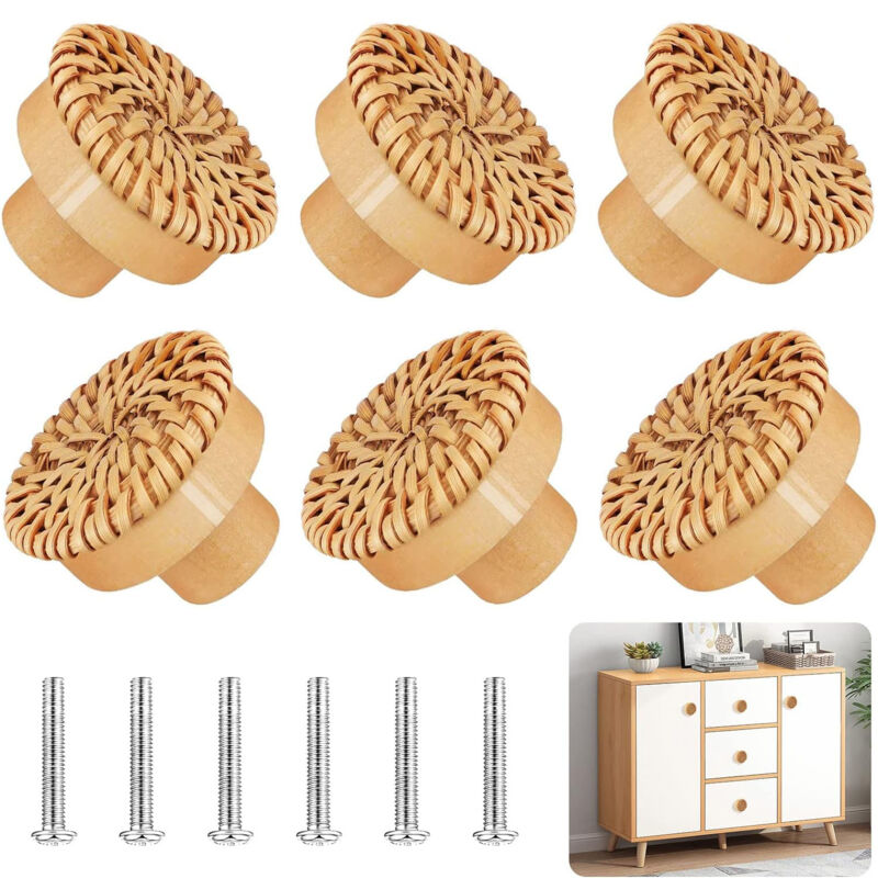 6 Pièces Boutons de Meuble en Rotin Bois Poignée de Meuble Bouton Cuisine de Placard pour Armoire Porte Tiroir