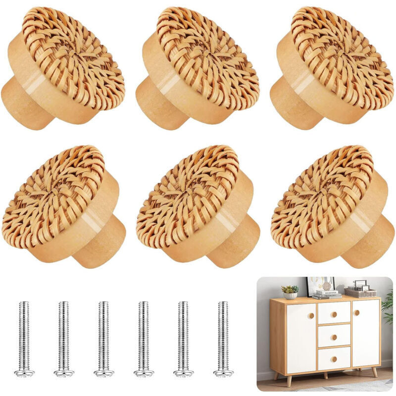 6 Pièces Boutons de Meuble en Rotin Bois Poignée de Meuble Bouton Cuisine de Placard pour Armoire Porte Tiroir