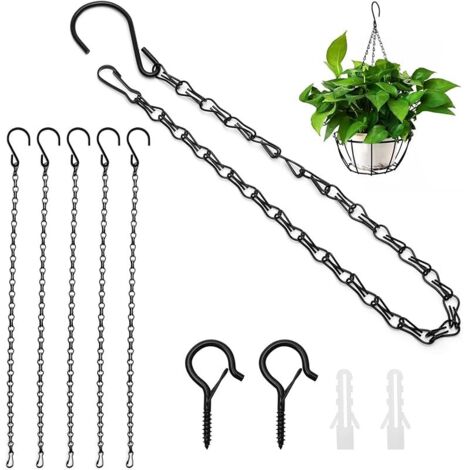 6 Pièces Chaînes de Suspension 50 cm, Chaine Noire Metal Suspension avec 2 Crochets Mural, Chaîne avec Crochet pour Pot Fleurs, Mangeoire à Oiseaux, Lampes