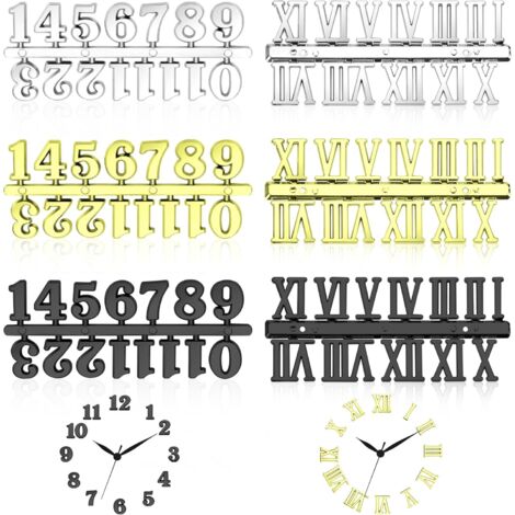 6 Pièces - Chiffres d'horloge - Kit de réparation - Numéros arabes et romains en plastique pour bricolage et remplacement Noir Or Argent 2,4cm