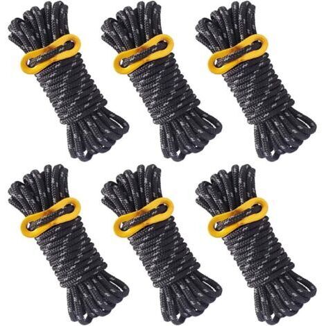 6 Pièces Corde de Tente Réfléchissante Corde Tente Camping 4 m X 5 mm Corde de Tente Noire avec Tendeur Réglable pour Les Tentes d'auvent de Camping en Plein Air