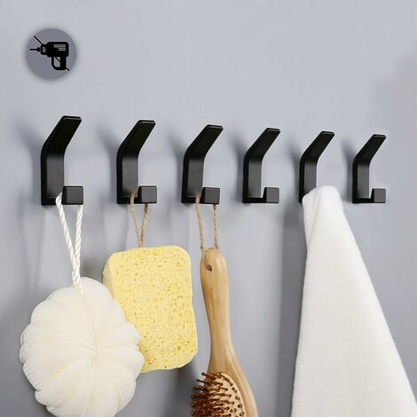 6 Pièces Crochets auto-adhésifs, Crochet Double Porte Serviette Salle de Bain, support mural auto-adhésif pour cuisine, salle de bain, bureau, placard, aluminium, noir
