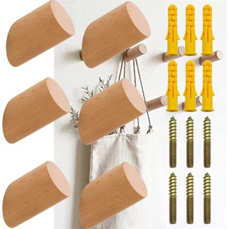 6 Pièces Crochets Muraux En Bois, Patères En Bois Naturel, Bois Crochets Et Patères Pour La Maison, Bois Naturel Crochet, Fixation Crochet Bois