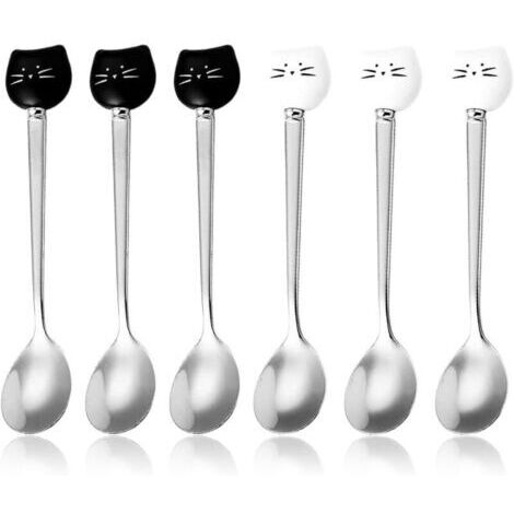 6 Pièces Cuillère à Café de Tête de Chat Mignonne en Acier Inoxydable - Agitateur, Thé, Dessert et Crème Glacée (Noir, Blanc)