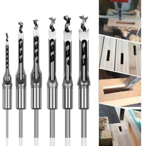 6 pièces de forets carrés pour menuiserie – Jeu de ciseaux à vide en acier trempé, pour rainurage et perçage de trous carrés (6,4 / 8 / 9,5 / 12,7 / 14 / 16 mm)