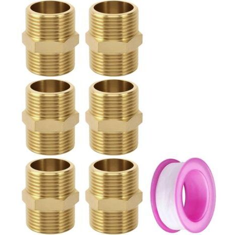 6 Pièces Doubles 3/4'' (ø 25mm) en Laiton, Double Mamelon Hexagonal 3/4", Robustes et Raccord Fileté en Laiton pour Chauffage et Installation d'Eau Potable
