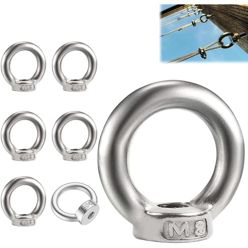 6 Pièces Écrous À Oeil, M8 Écrou à Oeil en Acier Inoxydable, M8 D'écrous À Anneau, M8 Écrou à Oeil, Anneau de Levage M8, Écrou à Oeil de Levage,