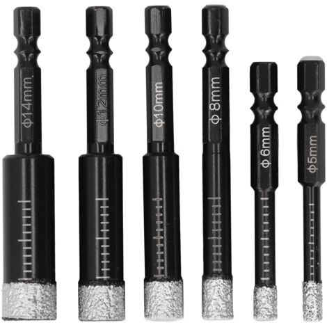 6 Pièces/ensemble de Forets Diamantés Secs pour Granit Céramique Marbre Carrelage Pierre Verre 5mm 6mm 8mm 12mm 14mm Scie Cloche Kit de Forets à Noyau de Diamant