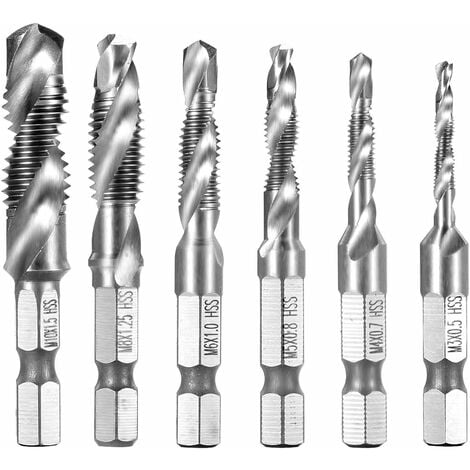 XIDJUIKM 6 Pièces Foret Mèche HSS à tige Hexagonale M3-M10 Filetage Vis Robinet - Argent