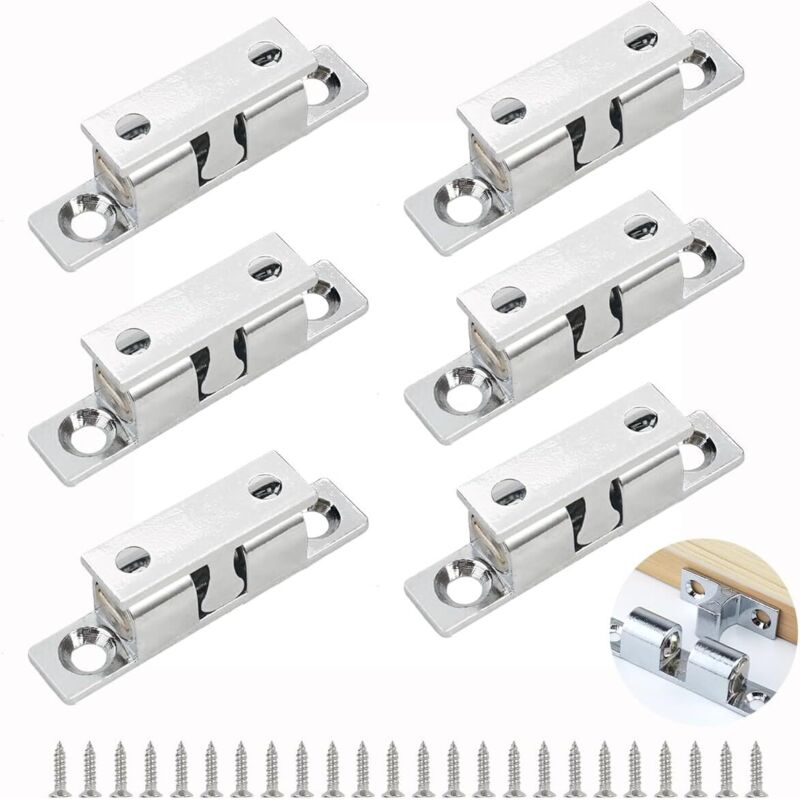 6 Pièces Loqueteau à Bille, 46mm Loquet à Double Rouleau Réglables Loquet à Bille pour Porte D'armoire Loqueteaux de Meuble de Porte Avec 24 Vis,