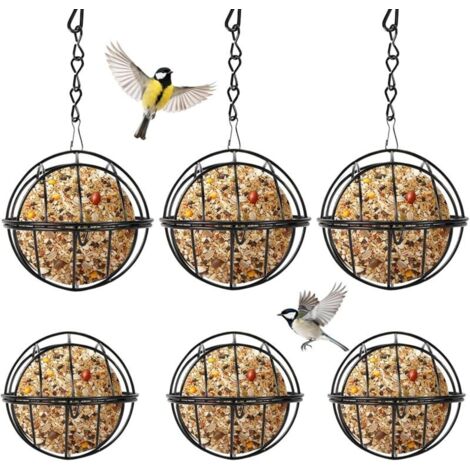 6 Pièces Mangeoire Oiseaux Exterieur Noir en Métal, Diamètre 7 cm, Chaîne 24 cm, Boule de Graisse Oiseaux Sauvages Suspendue, Distributeur de Nourriture pour Boules de Graisse pour Jardin Et Balcon