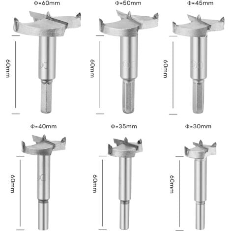 LITZEE 6 Pièces Mèches Bois Forstner, Fraise Bois Carbure Diametre 30/35/40/45/50/60mm, Pour Faconner Trou Travail du Bois, L'installation de Portes Sphériques Bois, Tiroirs, Plastique (Bois Forstner-A)