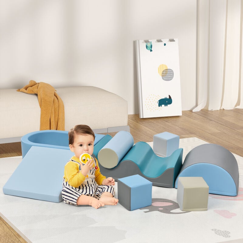 9 Pièces Blocs De Construction Géants Souples En Mousse Jouets Enfant Cadeau de Noël, Modules Courir Et Grimper, PU - bleu