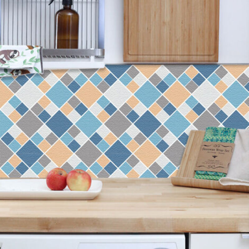 6 pieces of blue and yellow checkered floor tiles (20 x 20 cm) - Self-adhesive tiles for kitchen, living room, bathroom, and home decor. PVC