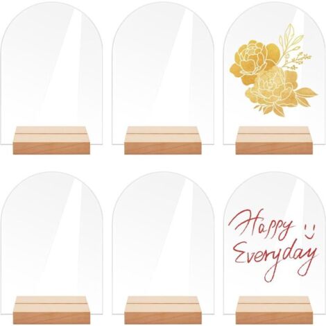 6 Pièces Panneaux en Acrylique Transparent, Panneaux Acryliques en Arc de Cercle, avec Porte-cartes en Bois, pour Numéros de Table, pour anniversaire de mariage, Baptême,Décorations de Tab(14 x 10 cm)
