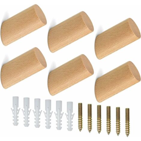 6 Pièces Patère Bois Crochet Mural Bois Cylindre Crochet 6 Vis pour Vêtements Suspendus Chapeau écharpes Chambre Couloir Salon