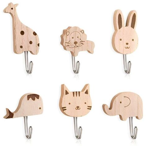 6 Pièces Patere en Bois Animaux,Porte Manteau Mural Bois Animaux,Patères Porte Chambre Enfant,Accroche Adhésif Salle de Bain,Accroche Serviette Sans Percage,Crochet Adhesif Mural Chambre