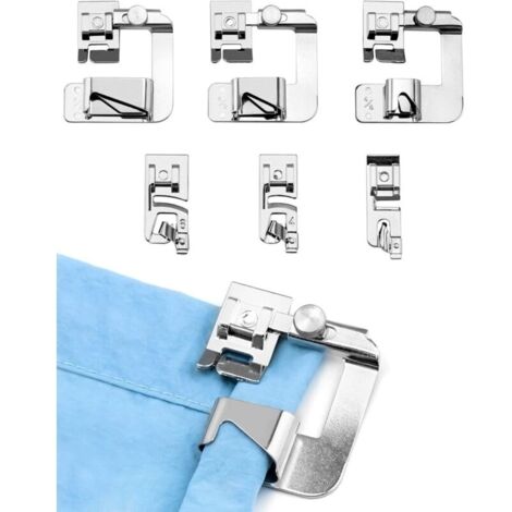 6 Pièces Pied de biche Machine a Coudre, 3 Pieds à Ourlet rouléétroit (3/4/6 mm), 3 Pieds presseurs à Ourlet roulé Large (4/8,6/8,8/8 Pouces), Couture accessoires mercerie