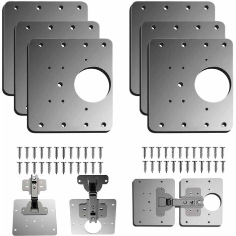 6 Pièces Plaque Reparation Charniere Porte d'armoire, plaque de réparation de charnière de porte de placard de cuisine avec trou, supports de fixation plats en acier inoxydable avec vis (6)