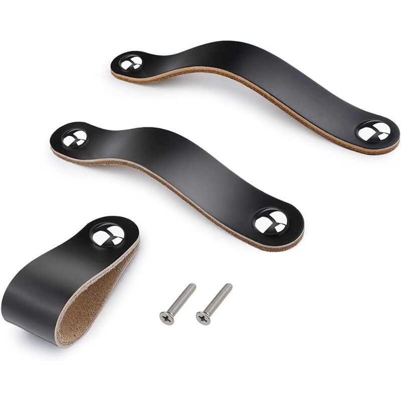 6 Pièces Poignée Meuble Cuir Boutons de Porte avec Vis pour Armoires Commode Salle de Bain - Noir 96MM