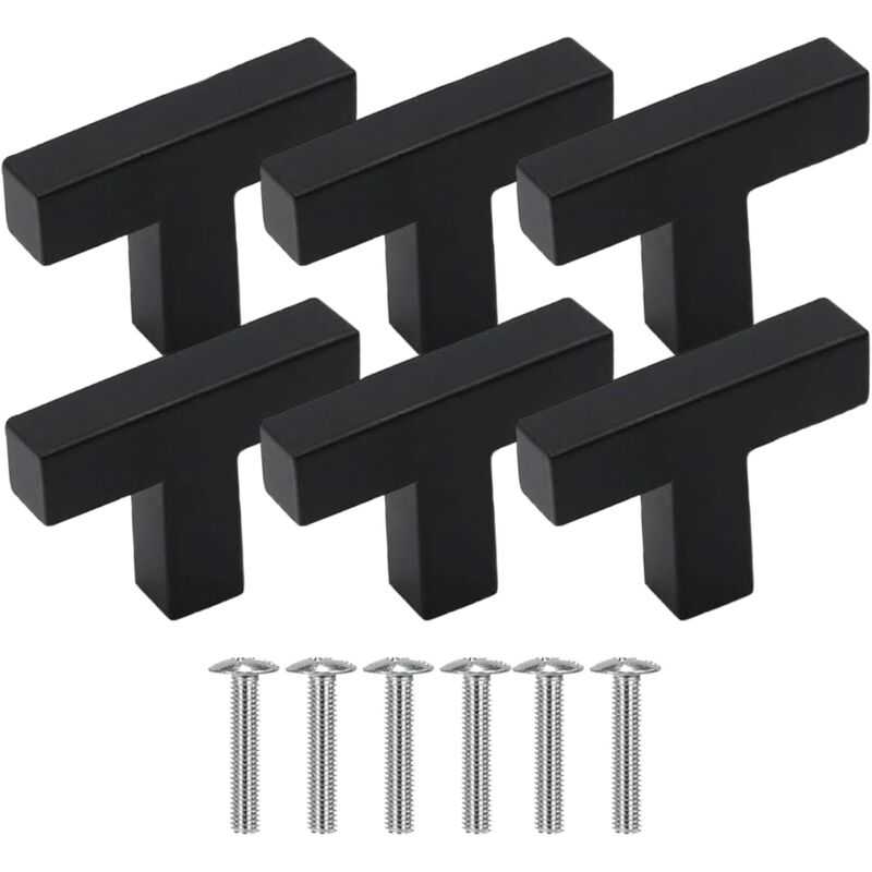 6 Pieces Poignée Meuble Acier Inoxydable, Bouton de Porte en T, Poignée Meuble 1 Trou Boutons de Tiroirs Noir Boutons Carrés avec Vis pour Tiroirs