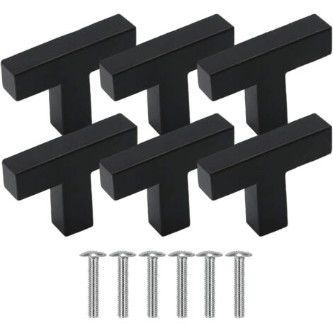 6 Pieces Poignée Meuble Acier Inoxydable, Bouton de Porte en T, Poignée Meuble 1 Trou Boutons de Tiroirs Noir Boutons Carrés avec Vis pour Tiroirs Armoires Placard Commode