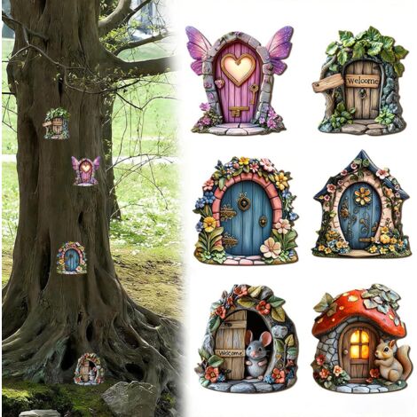 6 Pièces Porte Elfe Miniature de Jardin, Porte de Fée Miniature en Bois 2D pour Jardin, Accessoire de Décoration Extérieure Maison d'Elfe pour Arbre et Cour