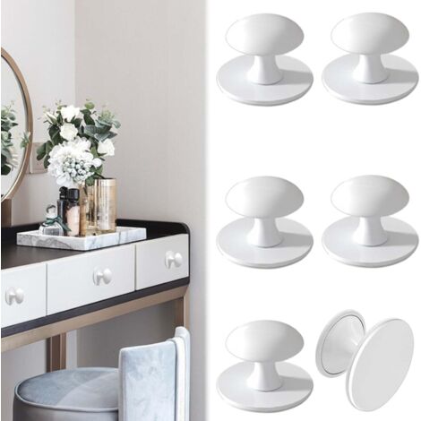 6 Pièces Rond Blanc Autocollante Boutons d'Armoire, Poignées Autocollantes Pour Tiroir Poignet de Porte Cuisine Adhesive, Bouton de Tiroir en Inoxydable Autocollante pour La Cuisine