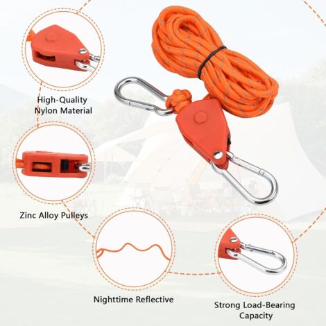 6 Pièces Tendeur de Corde de 4 Mètres,Tente Réfléchissante de 4 mm,Corde à Cliquet avec Crochet,Paracorde Réglable,Convient pour La Randonnée,Le Camping et l'escalade