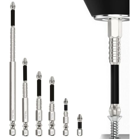 6 Pièces Tournevis Magnétiques, Visseuse de Précision, Outil de Perçage Haute Dureté, Tournevis Cruciformes Antidérapants, pour Perceuse Électrique, Manuelle 25 50 65 70 90 150 mm