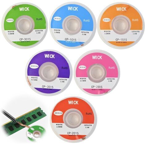 6 Pièces Tresses à Dessouder, 1.5M Tresse de Dessoudage(1.0/1.5/2.0/2.5/3.0/3.5mm), Desoldering Wick pour Enlever l'Étain de Soudure et Démonter les Composants Électriques