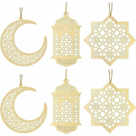 6 Pieces Wooden Eid al-Fitr Ornaments, Eid Ornament DIY Decorations with Pendant Moon Wind Shape Ornament for Muslim Eid Mubarak