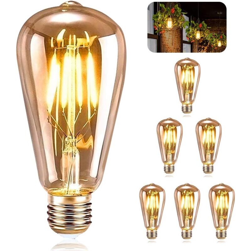 6 Pièces,Ampoule E27 Vintage, Decoration Mariage Champetre, LED E27 ST64 Lampe Décorative Rétro Edison Vintage Antique 4W Filament Blanc Chaud pour