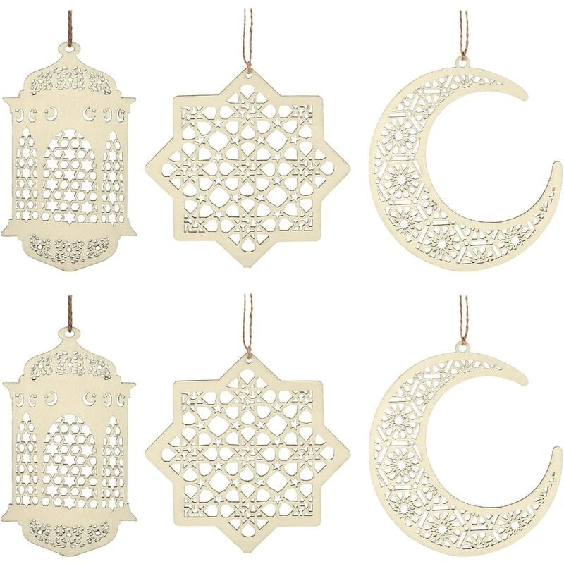 

6 piezas adorno de madera colgantes adorno de decoración de ramadán colgantes en forma de luna decoraciones eid