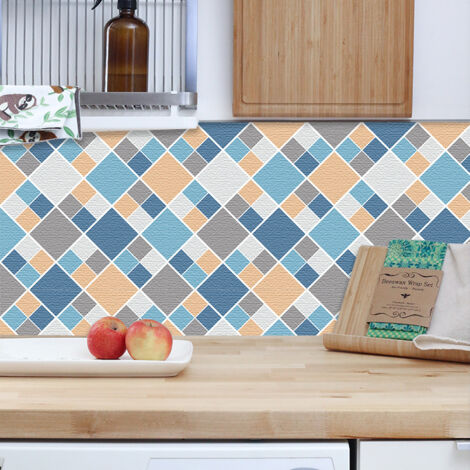 6 piezas Baldosas de cuadros azules y amarillos (20 x 20 cm) - Baldosas autoadhesivas para cocina, salón, baño y decoración de interiores. CLORURO DE POLIVINILO