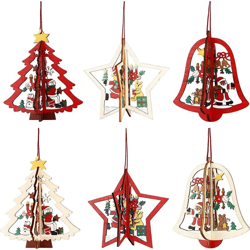 

6 piezas de decoración navideña rebanadas de madera, adornos para árboles de Navidad en 3D, colgantes decorativos colgantes para árboles de Navidad,