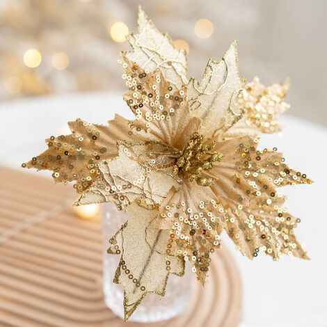 6 Piezas Navidad Brillo Poinsettia Flores Falsas Decoraciones de Flores de Navidad Adornos de Año Nuevo para Boda Árbol de Navidad (Oro)