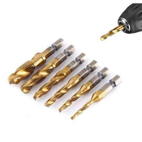 6 piezas/set M3, M10 Brocas de acero rápido con revestimiento de titanio y adaptadores para brocas de rosca con conexión de 1/4", rosca métrica, forma de vástago hexagonal