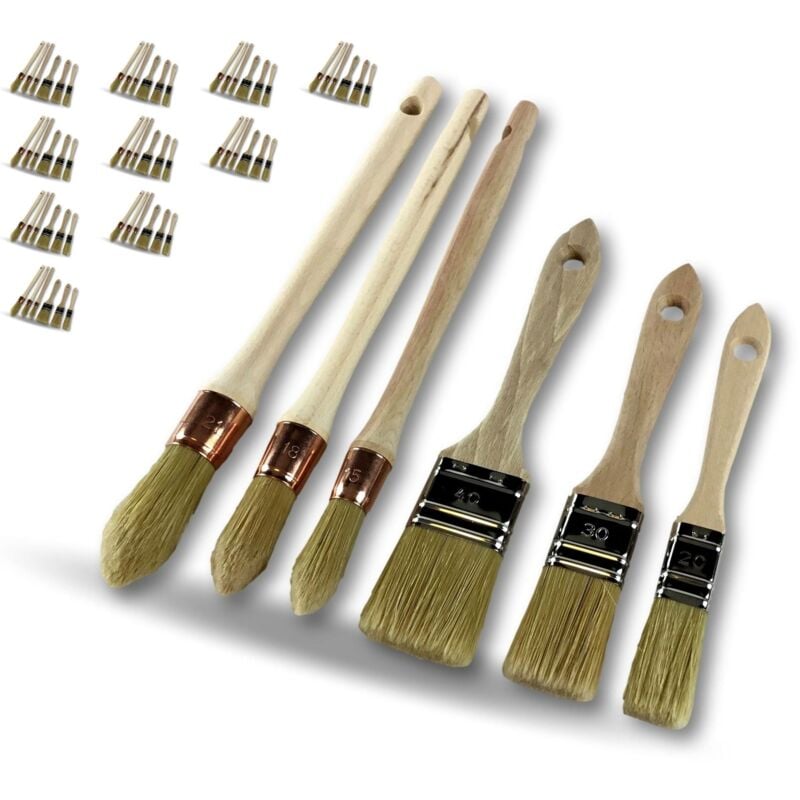 Set de 6 pinceaux fabrication française Lot de 10 Matériel professionnel 3 plats à vernir : 20 - 30 - 40 mm 3 pouces rechampir 15 - 18 - 21 mm Poils