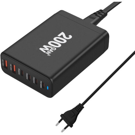 6-Port-Schnellladegerät, 200-W-USB-C-Ladestation, Netzteil, kompaktes Reiseladegerät für iPhone 14, 13, 12, 11 Pro Max, Pixel, Note und Galaxy