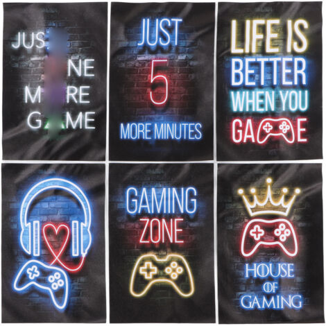 6 Posters Gamer 20x30cm - Décoration Murale Neon pour Chambre de Jeu - Art Canvas Coloré pour Garçons