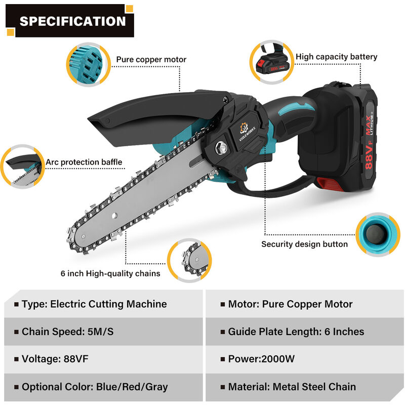 Tronçonneuse à batterie 6 '' 88VF 2 Batterie Portable Scie à Chaine Électrique Sans fil Jardin Logging Fantablau