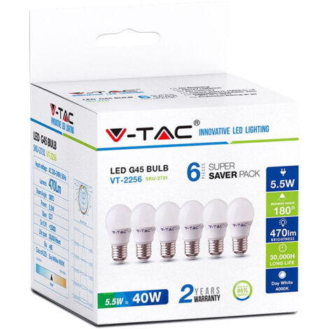 6 PZ Lampada A Led E27 G45 5,5W Freddo 6400K Forma Sfera Bulbo Palla 180 Gradi 220V SKU-2732
