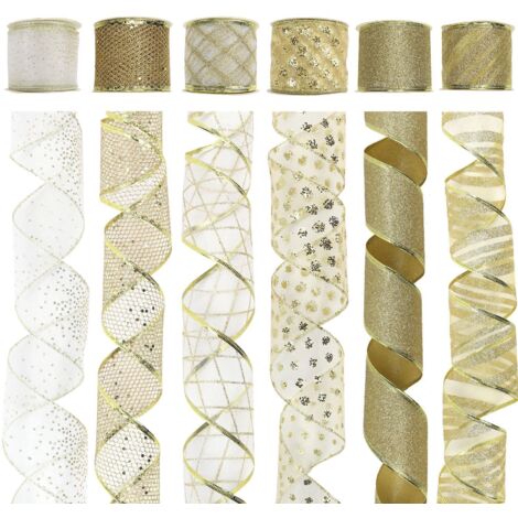 6 rouleaux de ruban de Noël, ruban de soie pailleté pour décorer le sapin de Noël