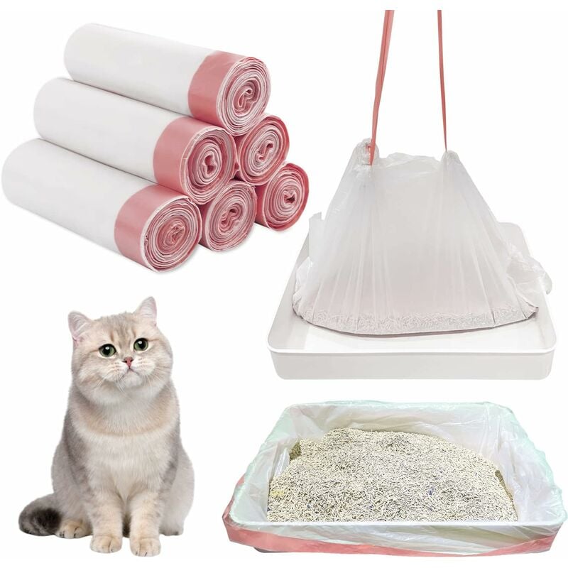 6 rouleaux de sacs à litière, rouleau de 10, grands sacs à litière jetables avec cordon de serrage, pour approvisionnement en déchets de chat (91 x