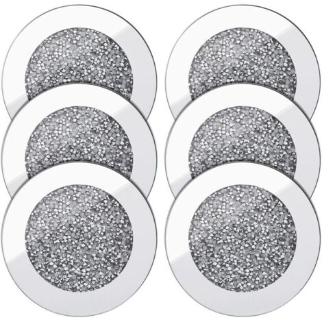 6 runde Untersetzer aus Spiegelglas (10 cm Durchmesser) in Glasgranulat-Optik, rutschfest, für Kaffee- und Teetassen, als Dekoration für Zuhause, Tisch- und Barsets sowie als Küchenaccessoires