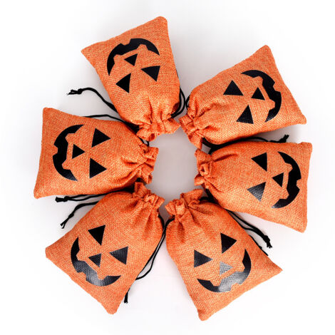6 Sacs Cadeaux en Toile de Jute Citrouille Halloween avec Cordon, 10x14cm Pochettes Bonbons Tissu Lin pour Fêtes Enfants