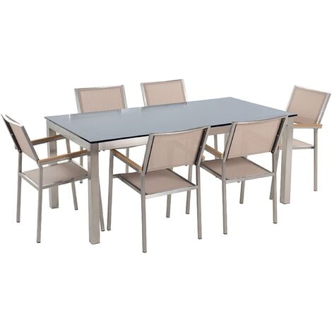 6 Seater Garden Dining Set Black Glass Top Beige Chairs Grosseto