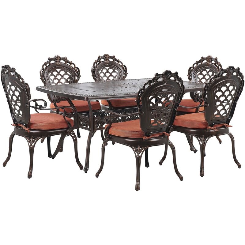 Vintage Outdoor 6 Seater Dining Set Brown Aluminium Table Red Seat Pads Lizzano